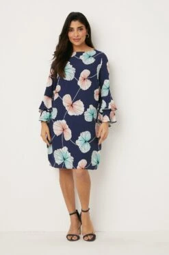 Wallis Petite Navy Leaf Print Flute Sleeve Shift Dress