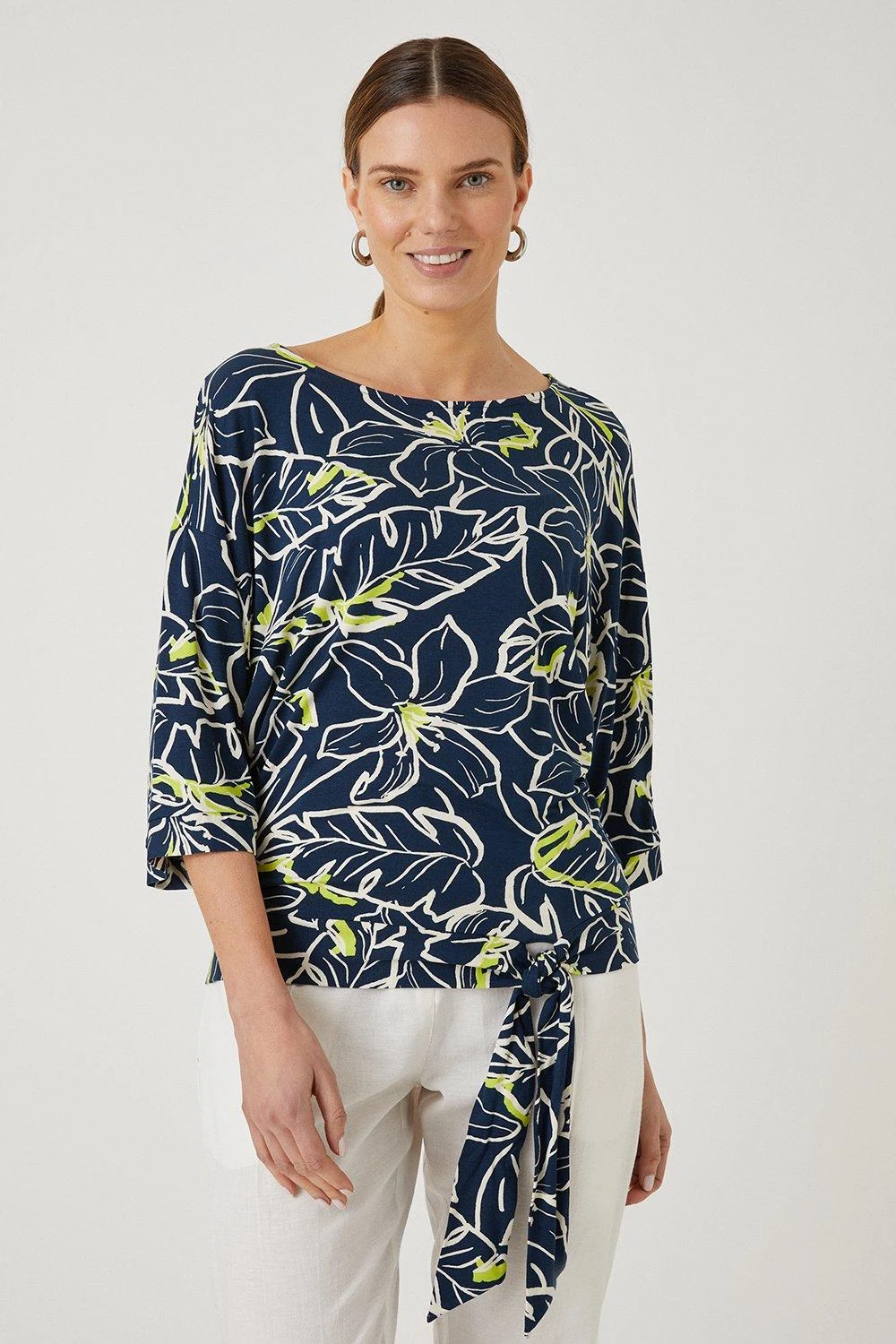 Wallis Navy Floral Tie Front Jersey Top
