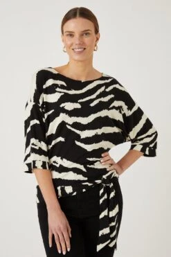 Wallis Black Zebra Tie Front Jersey Top