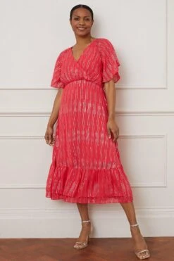 Wallis Glitter Stripe Tiered Ruffle Wrap Midi Dress