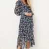 Wallis Petite Navy Ditsy Ruffle Neck Wrap Dress