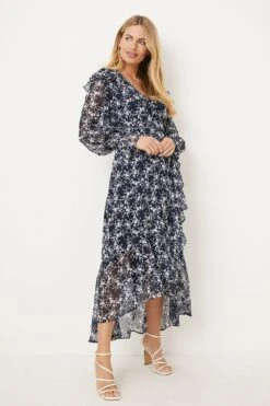 Wallis Petite Navy Ditsy Ruffle Neck Wrap Dress