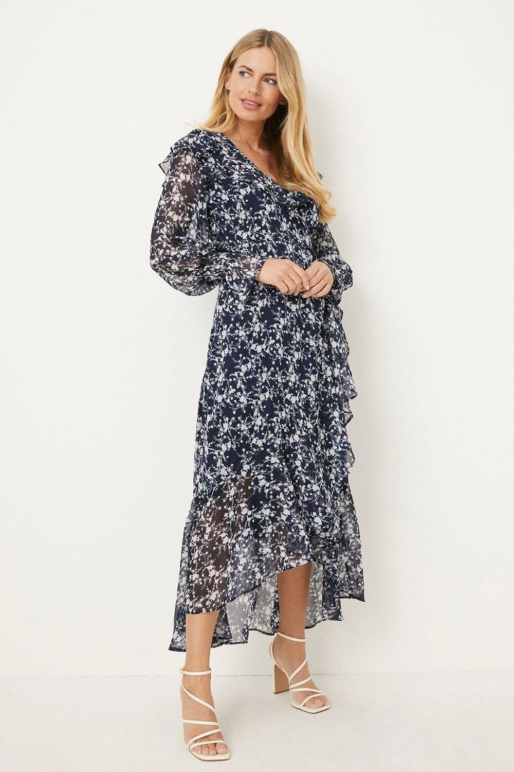 Wallis Petite Navy Ditsy Ruffle Neck Wrap Dress
