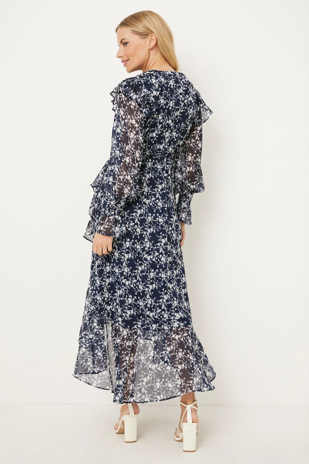 Wallis Petite Navy Ditsy Ruffle Neck Wrap Dress - Image 3