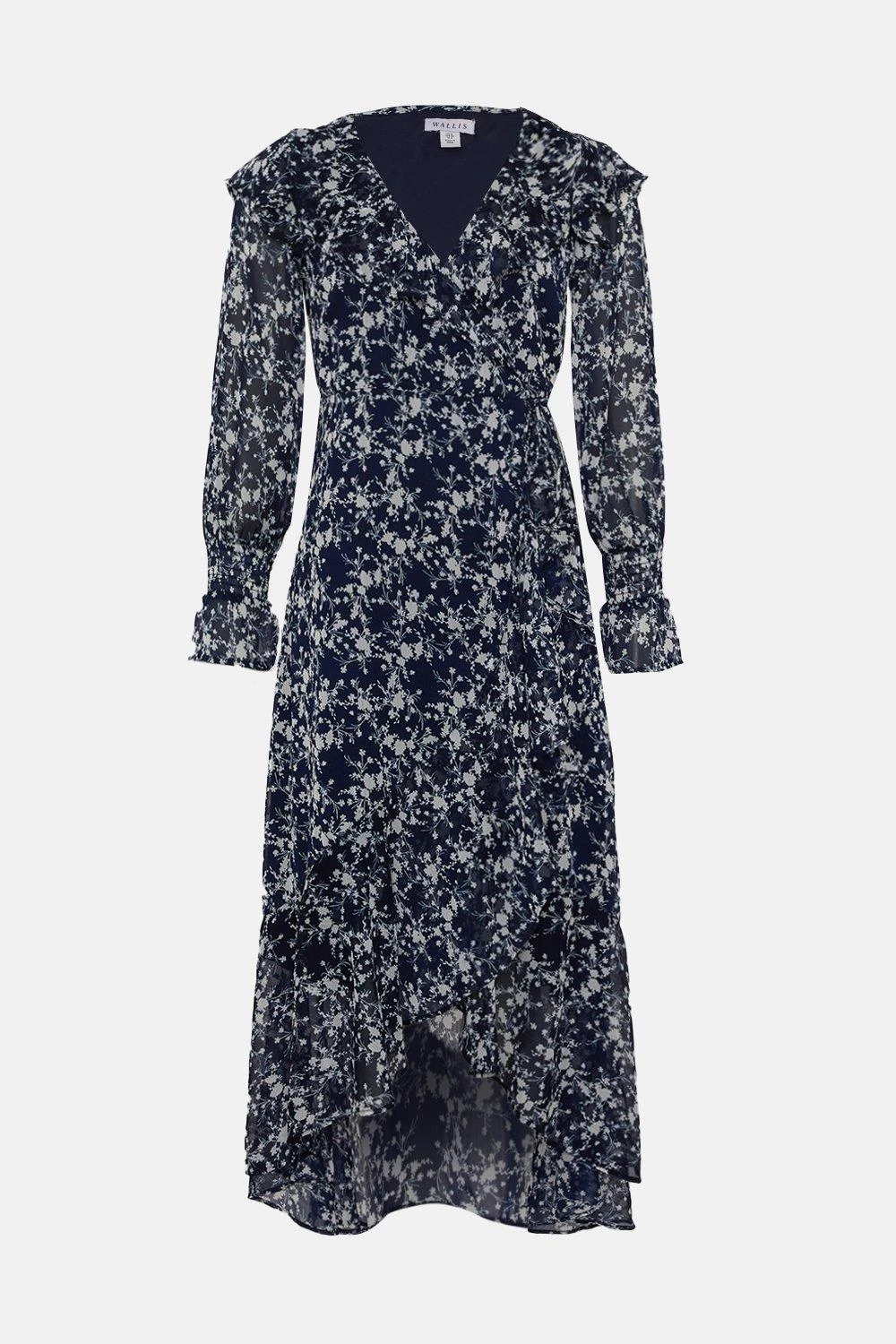 Wallis Petite Navy Ditsy Ruffle Neck Wrap Dress - Image 5