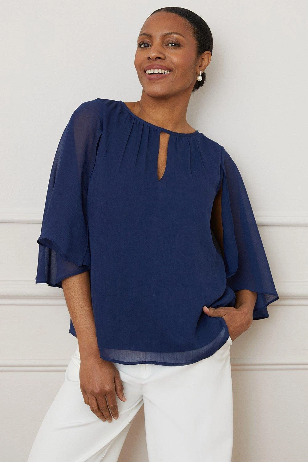 Wallis Split Sleeve Keyhole Overlay Top