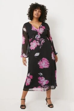 Wallis Curve Floral Mesh Twist Midi Dress