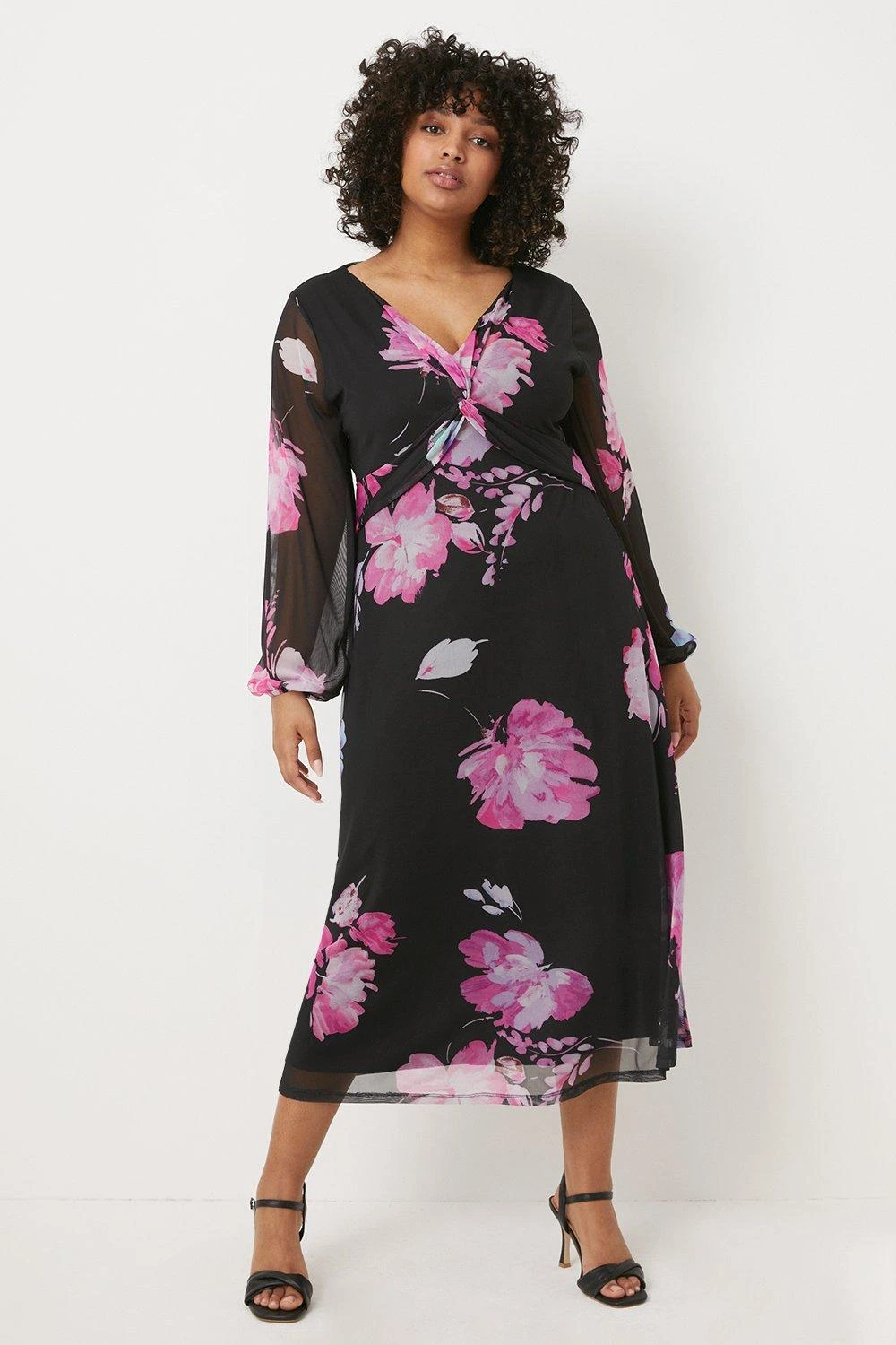 Wallis Curve Floral Mesh Twist Midi Dress