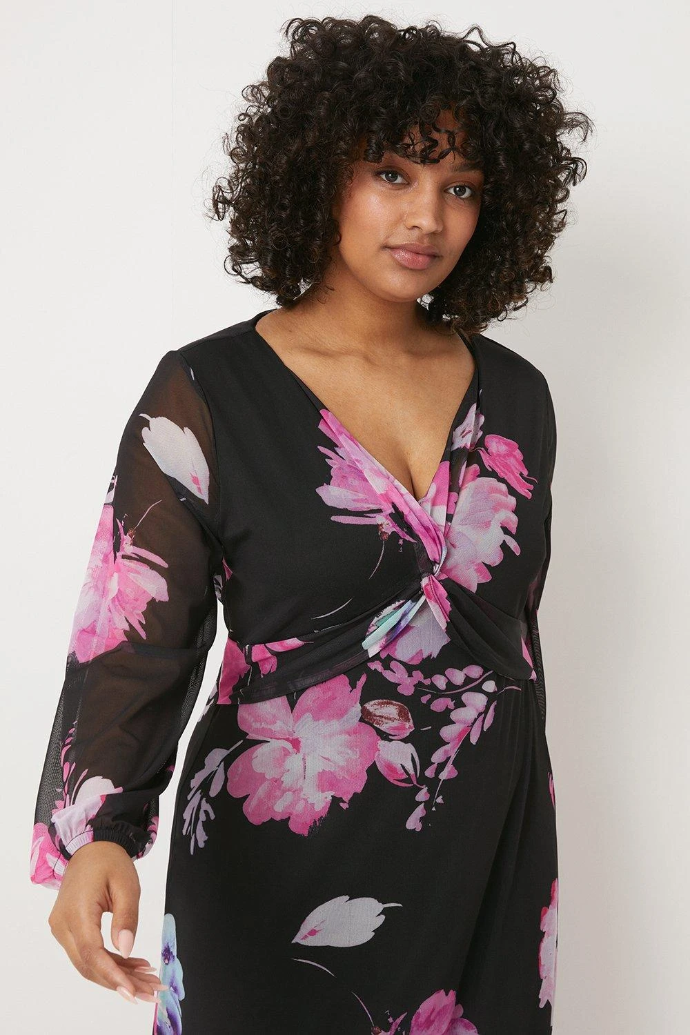 Wallis Curve Floral Mesh Twist Midi Dress - Image 2