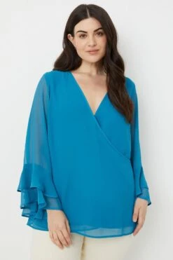 Wallis Curve Teal Woven Wrap Top