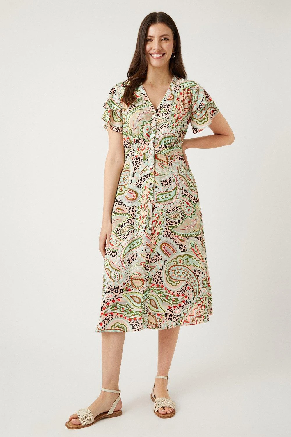 Wallis Green Floral Midi Button Through Tea Dress