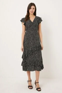 Wallis Black Spot Midi Frill Detail Dress