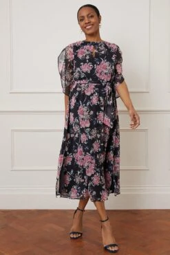 Wallis Floral Metallic Spot Split Sleeve Midi Dress