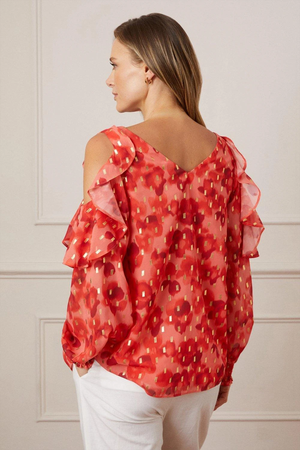 Wallis Watercolour Foil Print Cold Shoulder Top - Image 3