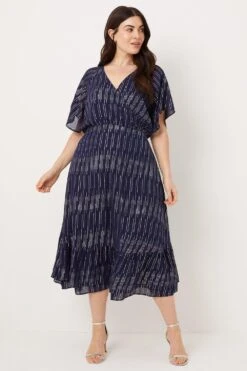Wallis Curve Navy Metallic Tiered Wrap Midi Dress