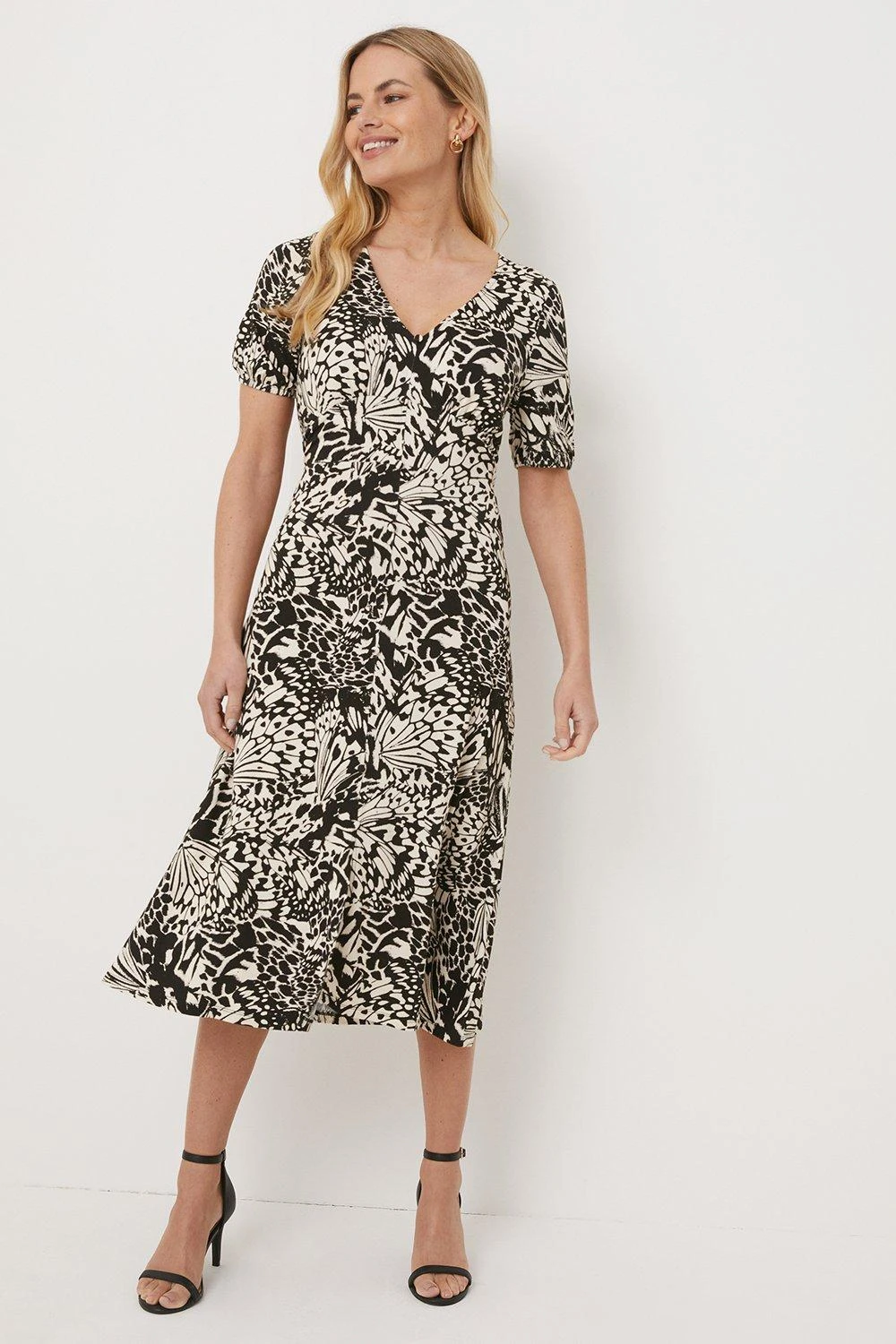 Wallis Petite Mono Butterfly Button Through Jersey Midi Dress