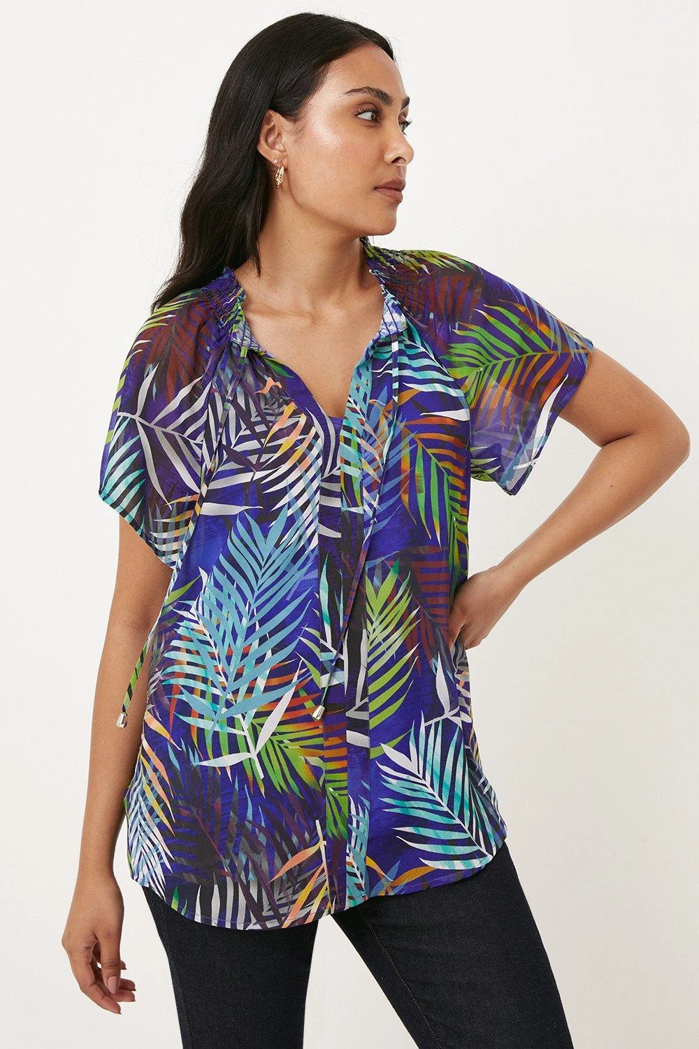 Wallis Petite Purple Palm Tie Neck Top