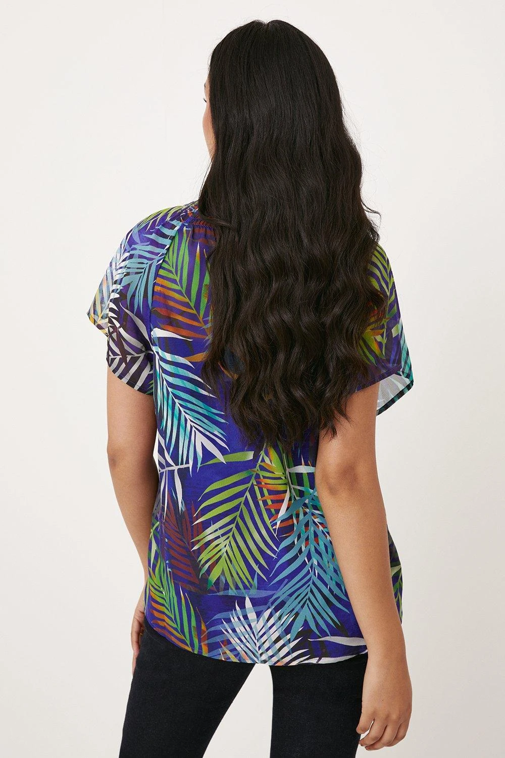 Wallis Petite Purple Palm Tie Neck Top - Image 3