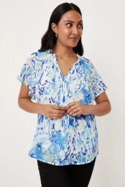 Wallis Petite Aqua Floral Tie Neck Top