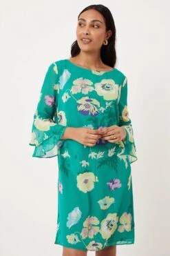 Wallis Petite Green Floral Flute Sleeve Shift Dress