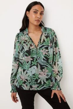 Wallis Petite Green Palm Print Tie Neck Top