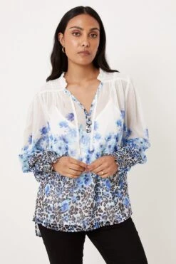 Wallis Petite Blue Floral Animal Border Tie Neck Top
