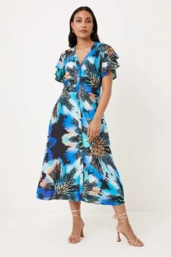 Wallis Petite Blue Floral Print Button Through Midi Dress