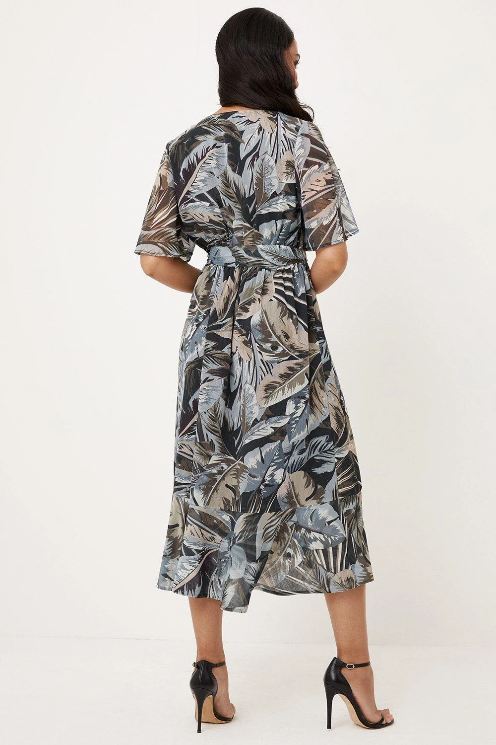 Wallis Petite Neutral Palm Print Flutter Sleeve Wrap Dress - Image 3
