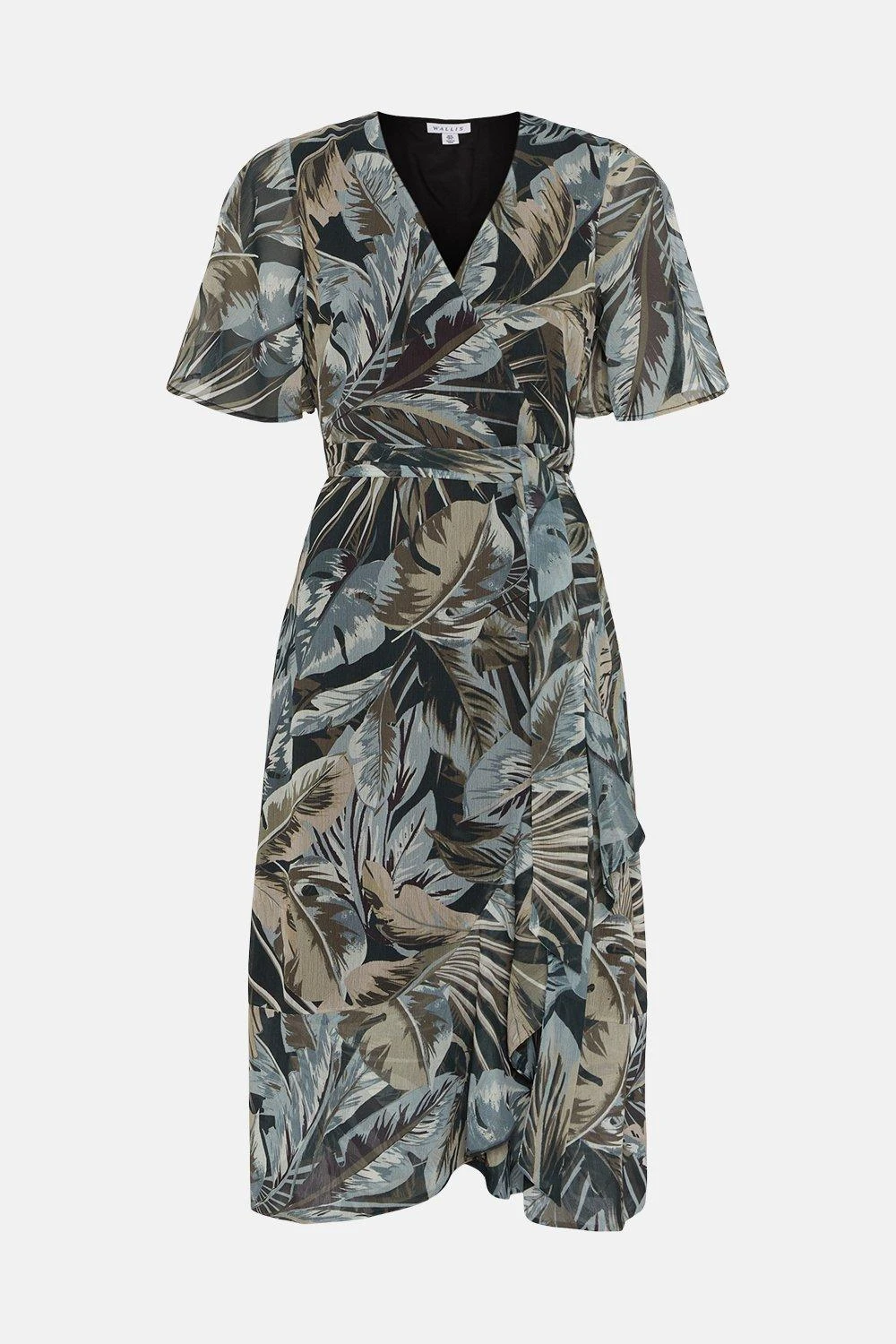 Wallis Petite Neutral Palm Print Flutter Sleeve Wrap Dress - Image 5
