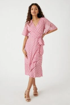 Wallis Petite Pink Spot Flutter Sleeve Wrap Dress
