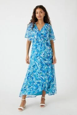 Wallis Petite Aqua Abstract Print Angel Sleeve Midi Dress