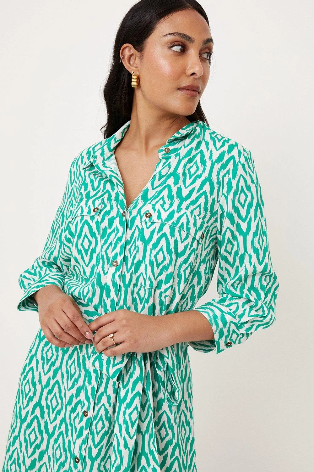 Wallis Petite Green Ikat Pocket Belted Shirt Dress - Image 2