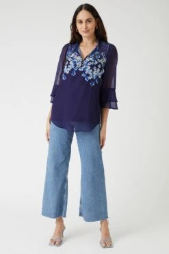 Wallis Navy Floral Border Tie Neck Blouse