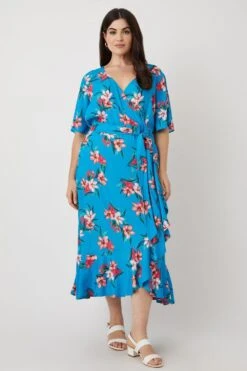 Wallis Curve Blue Tropical Floral Wrap Midi Dress