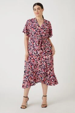 Wallis Curve Pink Abstract Wrap Midi Dress