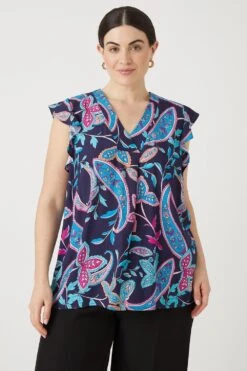 Wallis Curve Blue Paisley Sleeveless Frill Shell Top