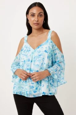 Wallis Petite Printed Ruffle Sleeve Cold Shoulder Shell Top
