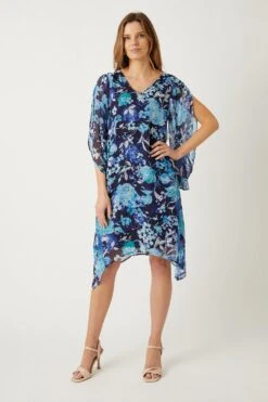 Wallis Tall Blue Floral Split Sleeve Overlay Shift Dress