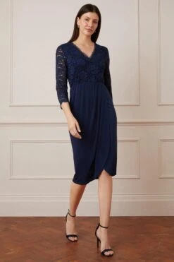 Wallis Lace 3/4 Sleeve Wrap Midi Dress