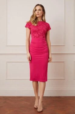 Wallis Lace Kimono Sleeve Ruched Skirt Midi Dress