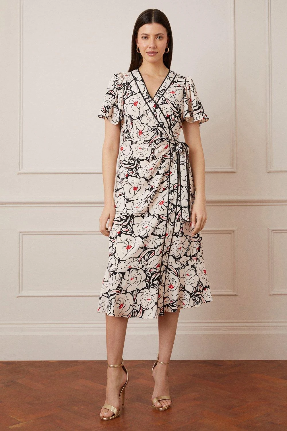 Wallis Floral Contrast Piping Wrap Midi Dress