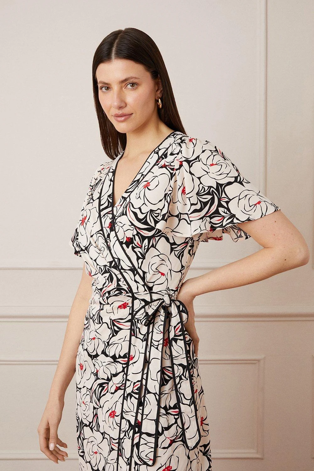 Wallis Floral Contrast Piping Wrap Midi Dress - Image 2
