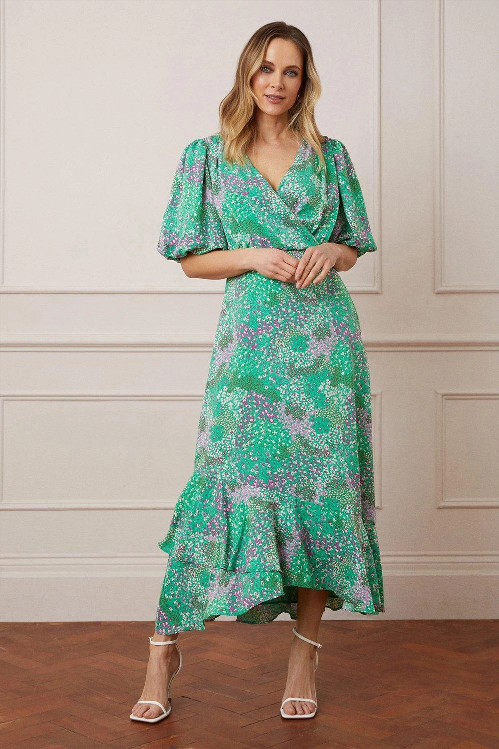 Wallis Ditsy Animal Print Balloon Sleeve Midi Dress