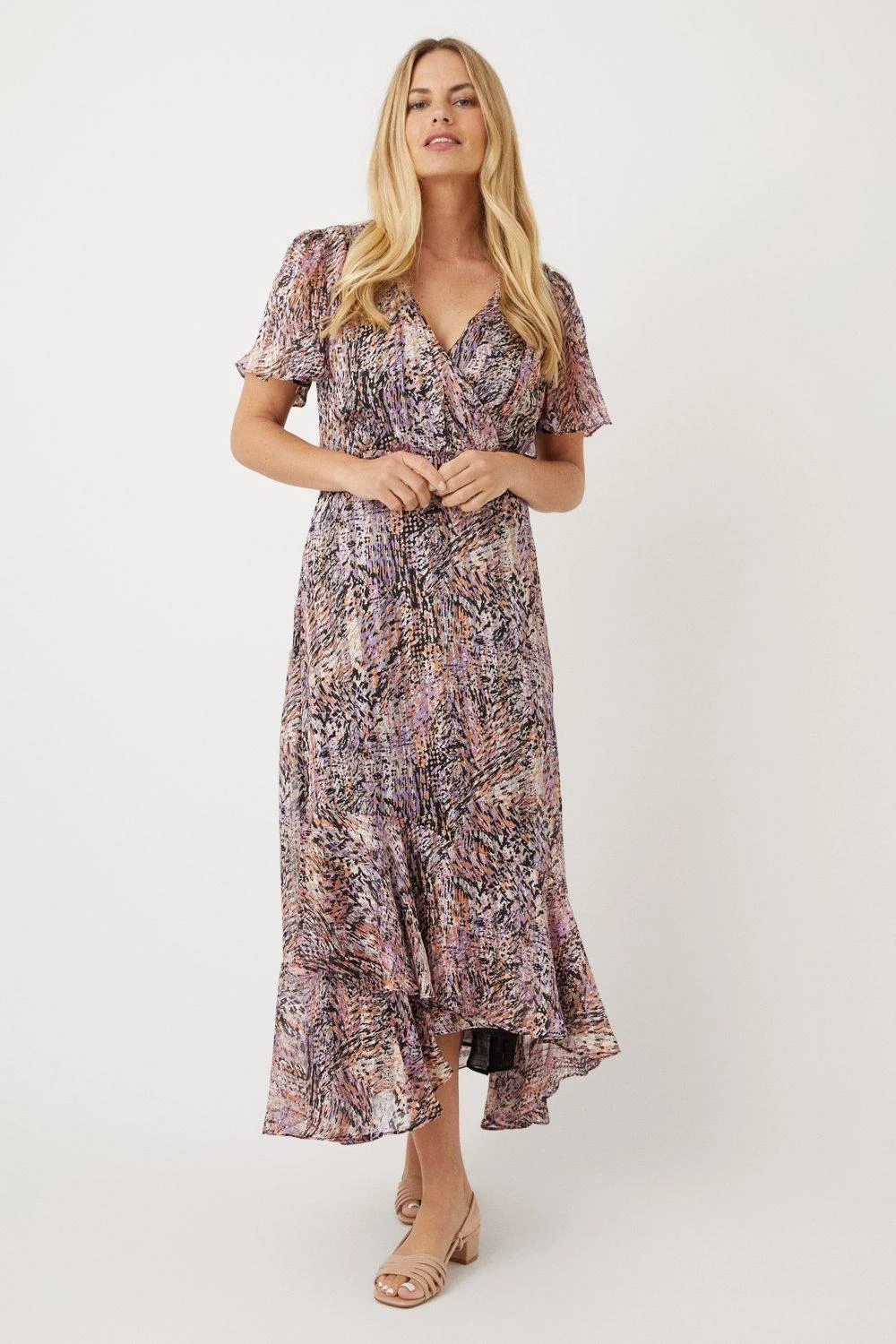 Wallis Petite Floral Glitter Stripe Wrap Midi Dress