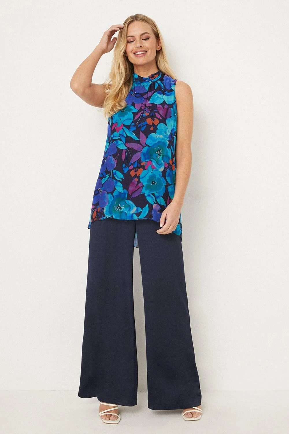 Wallis Petite Blue Floral Silk Mix High Neck Blouse