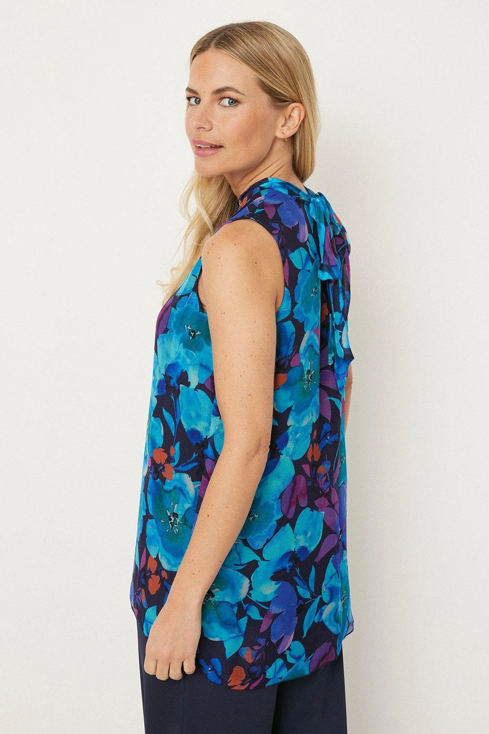 Wallis Petite Blue Floral Silk Mix High Neck Blouse - Image 3