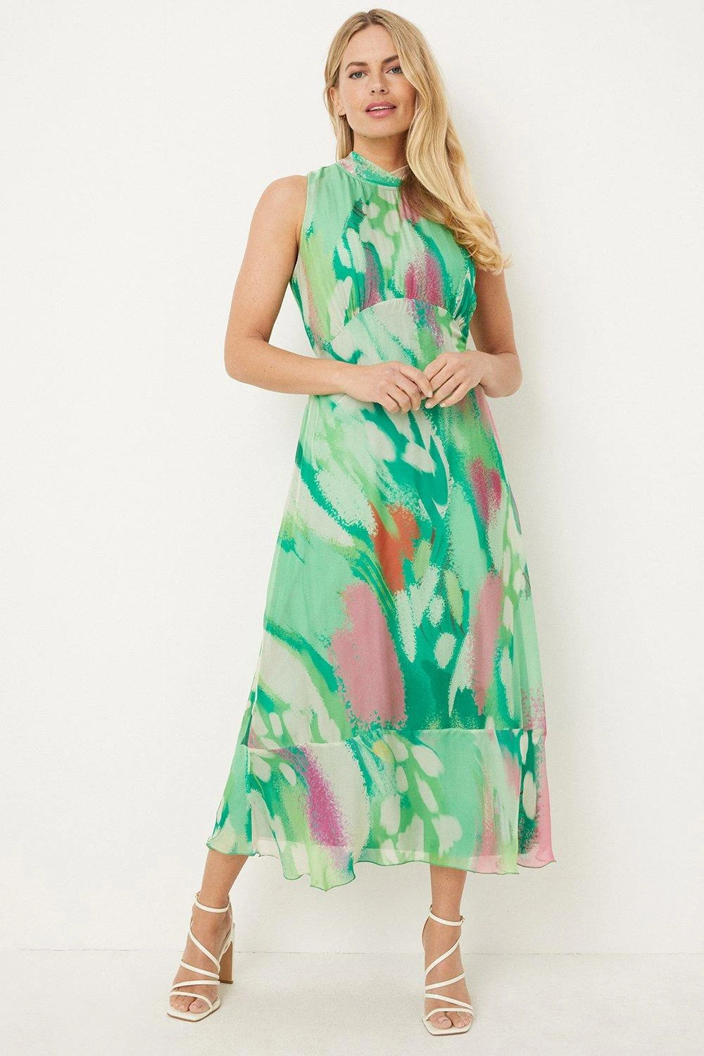 Wallis Petite Green Abstract Silk Mix Sleeveless Midaxi Dress