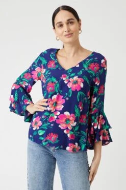 Wallis Floral Viscose Flute Sleeve Top