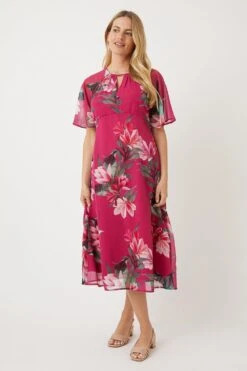 Wallis Petite Pink Floral Angel Sleeve Split Front Midi Dress