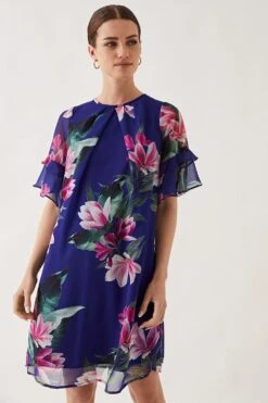 Wallis Petite Navy Floral Print Ruffle Sleeve Shift Dress